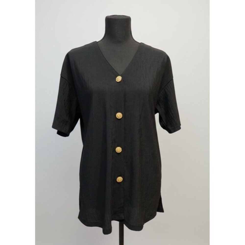 Vintage 80s Colon Textured V-Neck‎ Top - Gold Floral Bedazzled Buttons - Small